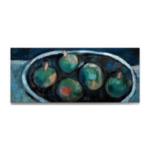 有五个青苹果的静物画-布面油画，17x40x3.7cm，¥300