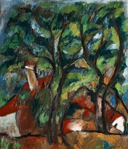 有红色屋顶的房子-布面油画，60x70x3.7cm，¥1500