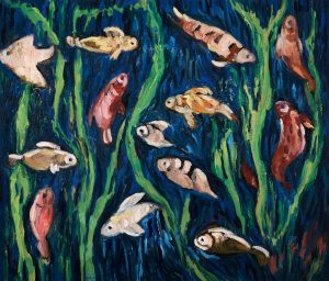 金鱼与水草-布面油画，60x70x3.7cm，2024