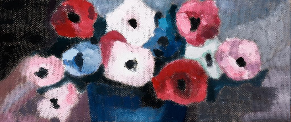 有蓝色花瓶和鲜花的静物画-17x40x3.7cm，¥400