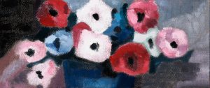 有蓝色花瓶和鲜花的静物画-17x40x3.7cm，¥400