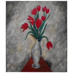 有红色郁金香的静物画_布面油画，60x70x3.7cm，¥1540