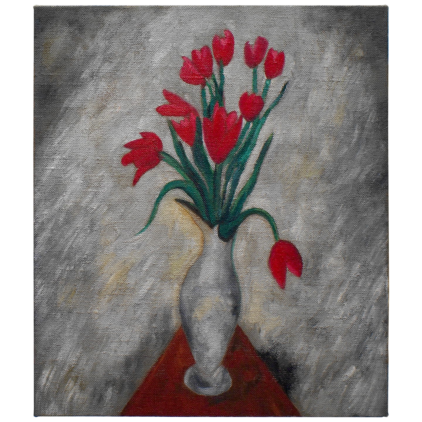 有红色郁金香的静物画_布面油画，60x70x3.7cm，2024