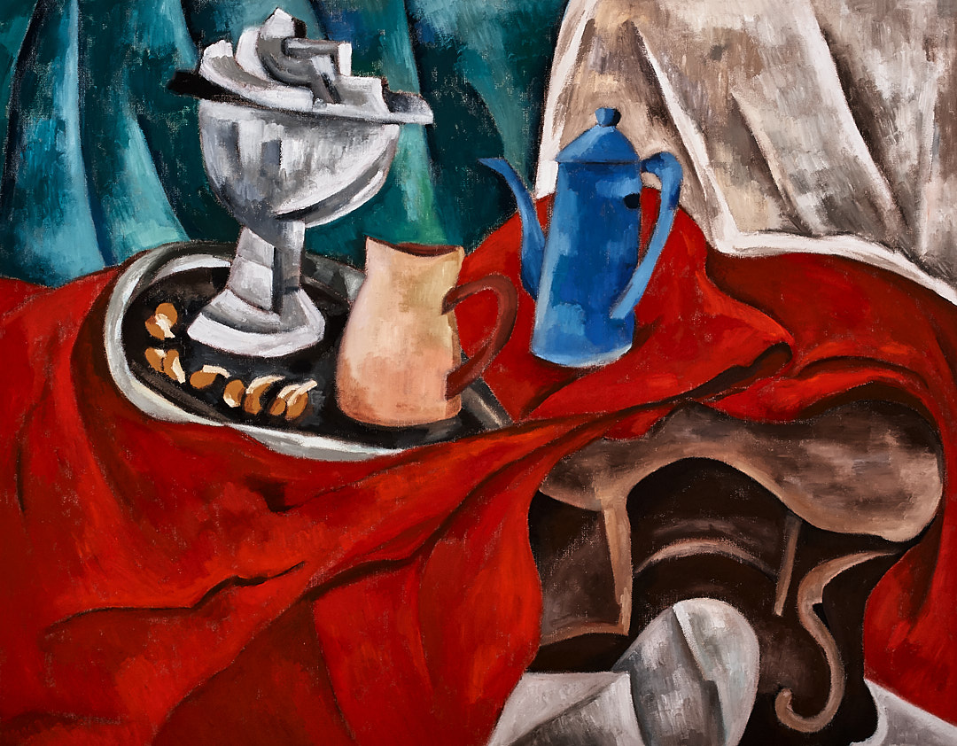 有蓝色油壶的立体派静物画-70x90x3.7cm,¥1940