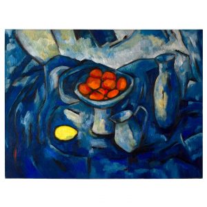 有柠檬和深蓝色桌布的静物画_布面油画，70x90x3.7cm，¥1200