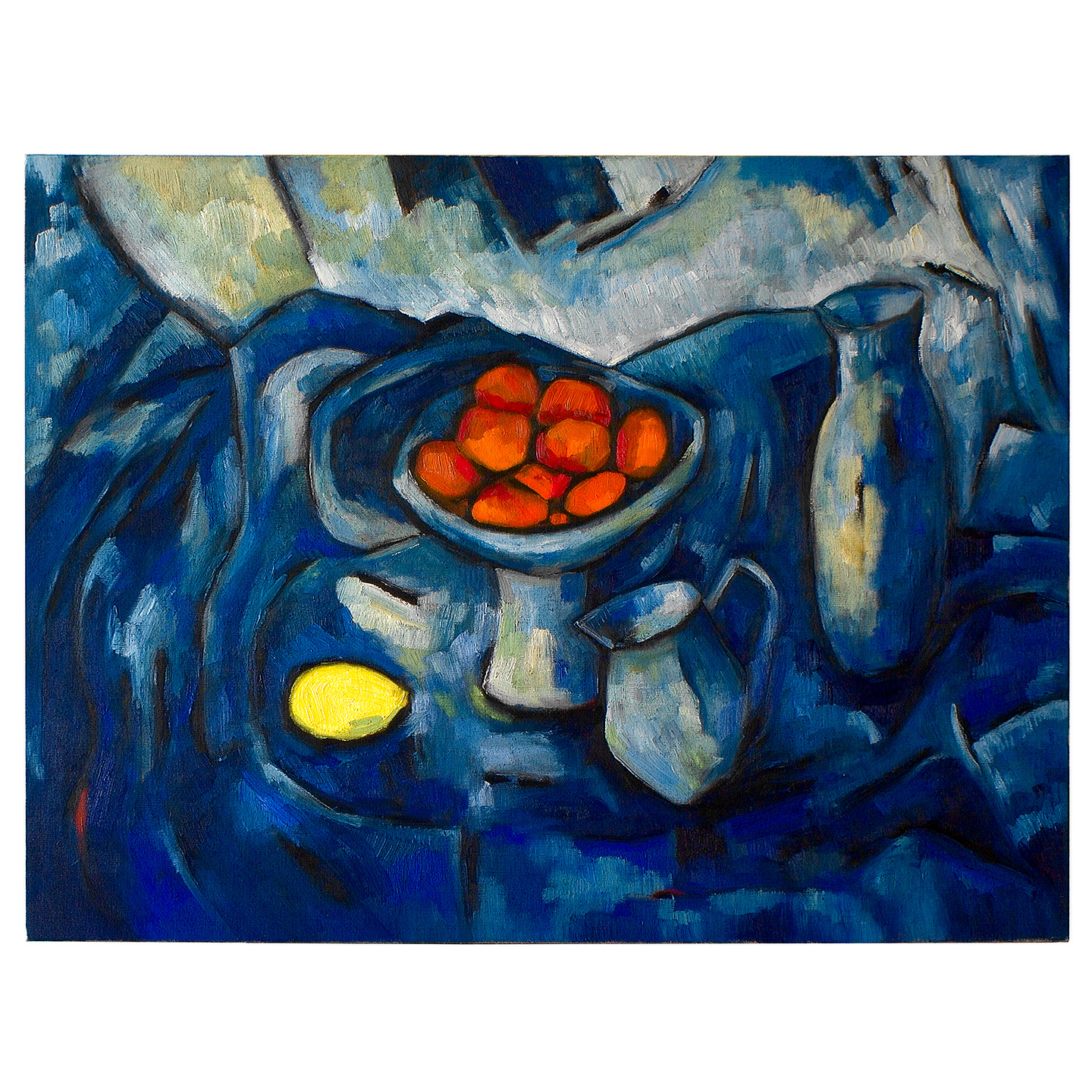 有柠檬和深蓝色桌布的静物画_70x90x3.7cm，2024