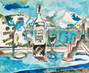 有奶瓶、烛台和酒杯的静物画-纸上设色, 2023