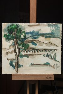 有桥的风景画-纸上水彩，29x34cm，¥50