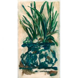 有绿色植物和蓝色花瓶的静物画_纸上水彩，约15.2×29.5cm，2023