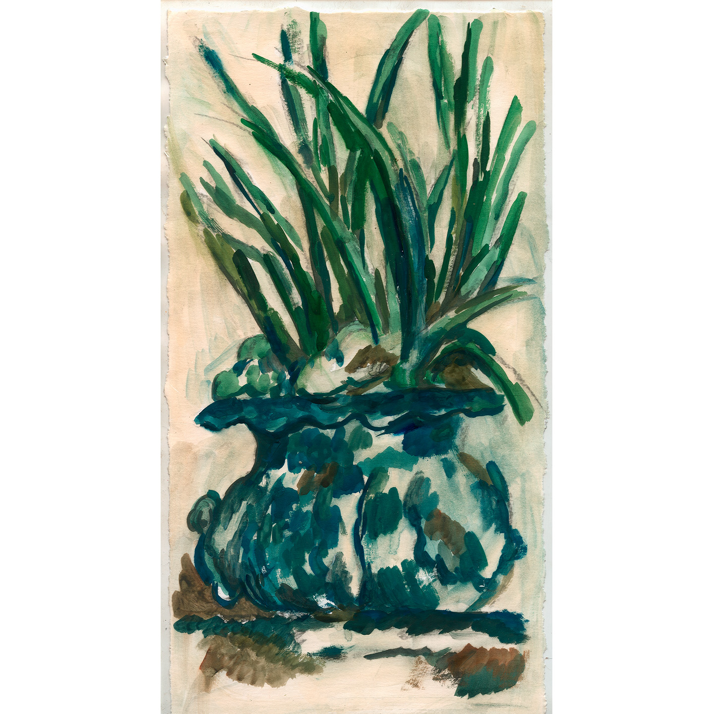 有绿色植物和蓝色花瓶的静物画_纸上水彩，约15.2×29.5cm，2023