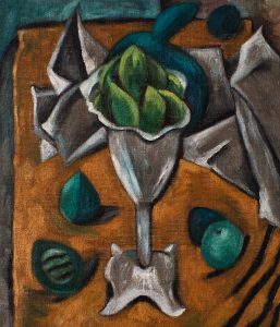 有绿色水果的立体派静物画-布面油画，60x70x3.7cm，¥2400
