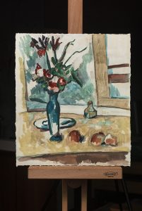 有苹果和花束的静物画-纸上水彩，29.5x34cm，¥60