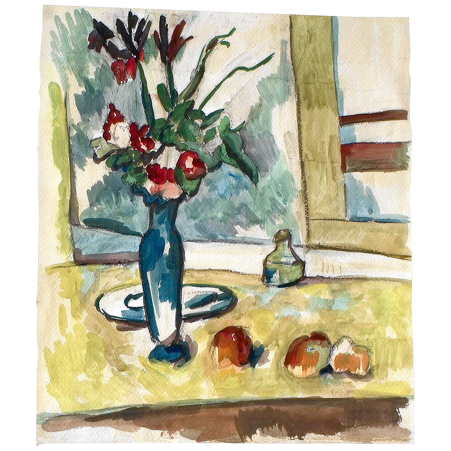 有蓝色花瓶和钢笔水瓶静物画_纸上水彩，约29.5x34，2024