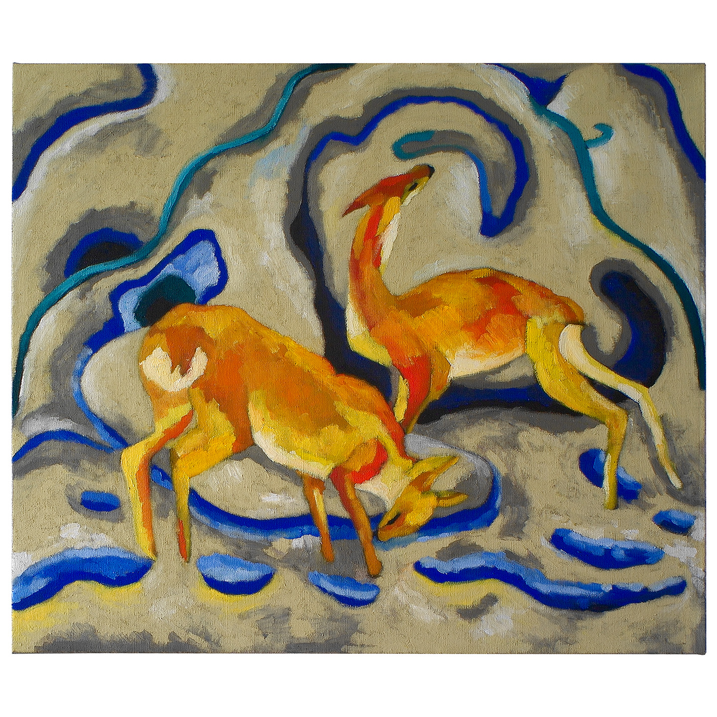 两只橘色的鹿-布面油画，60x70x3.5cm，2025
