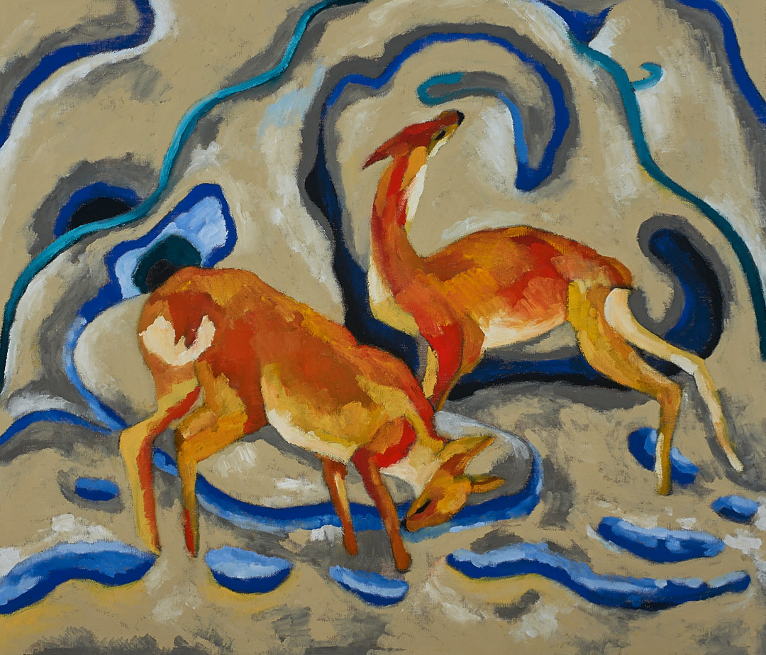 双鹿-布面油画，60x70x3.5cm，¥840