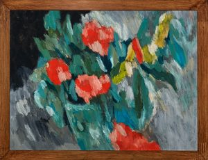 有红色花朵和玻璃瓶的静物画-皮革油画（含框），34x44x3.0cm，2025