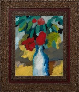 有红色花朵的静物画-皮革油画(含框)，31.5×36.5×3.2cm，2025