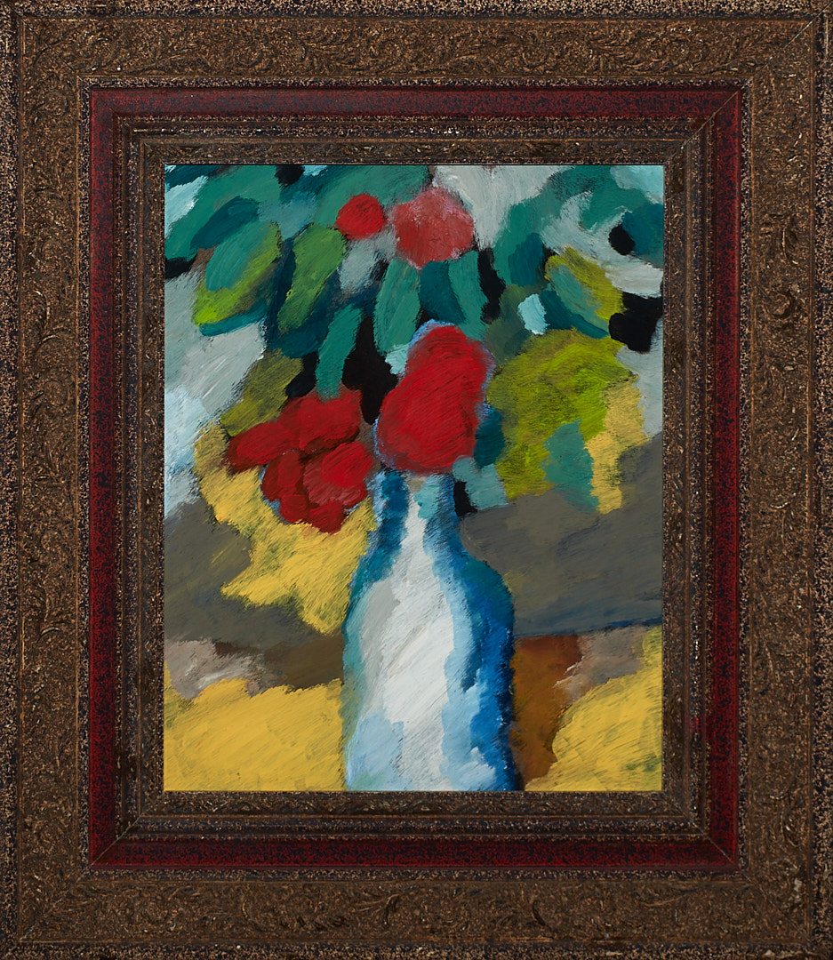 有红色花朵的静物画-皮革油画(含框)，31.5×36.5×3.2cm，2025