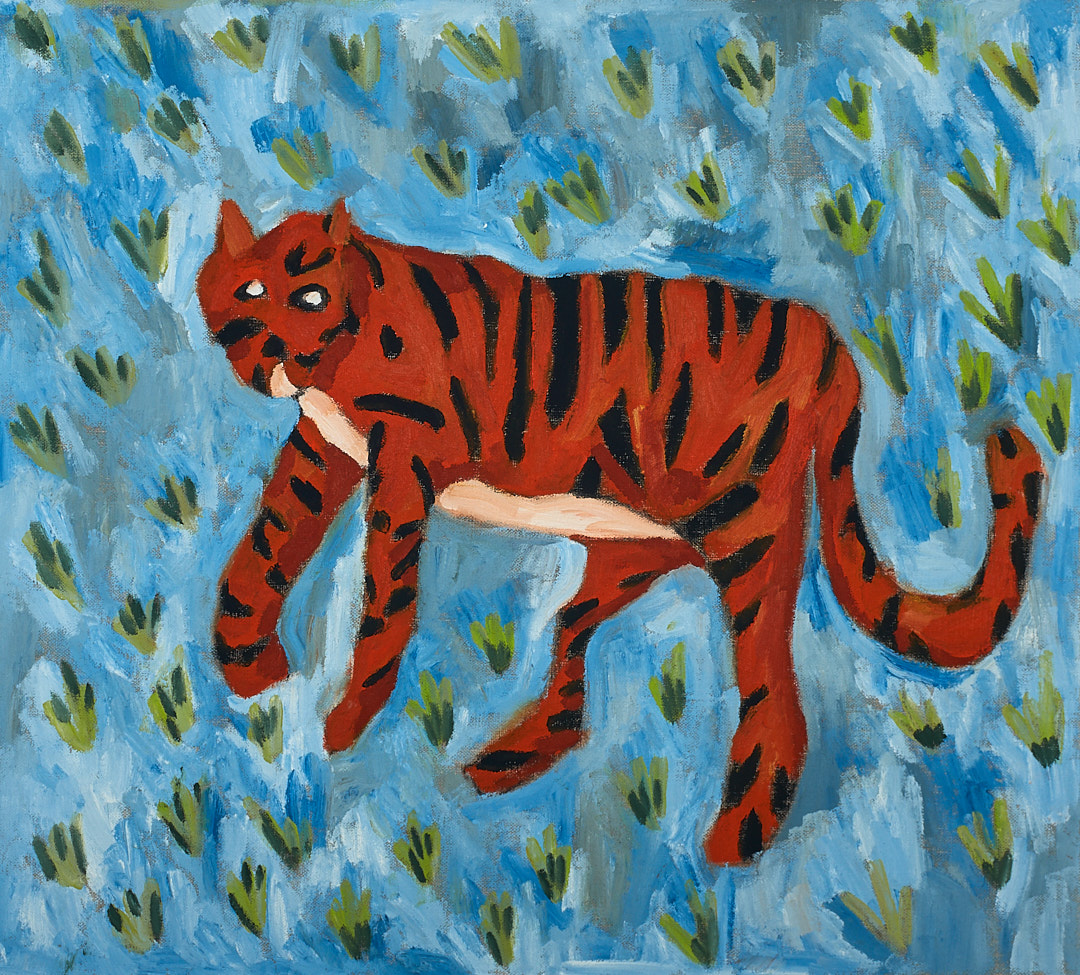橘色的老虎-布面油画，45x50x2.0cm，¥420