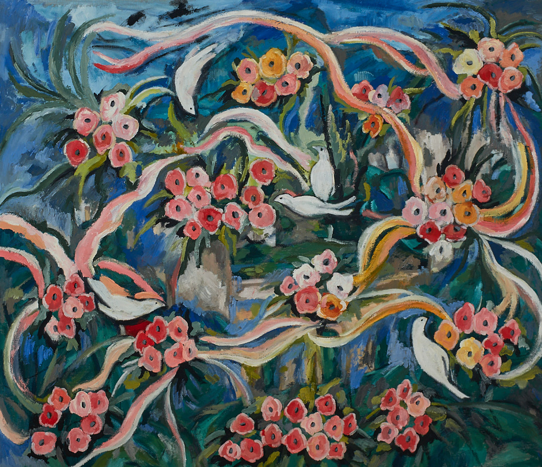 白鸽和鲜花-布面油画，95x110x3.5cm，¥2640