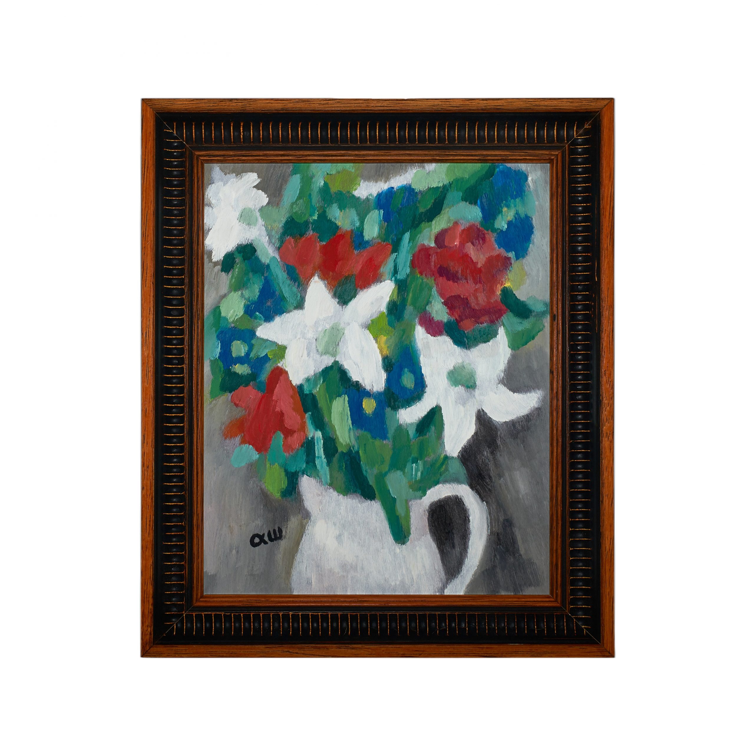 有百合花的静物画-皮革油画(含框)25.8×30.7×2.7cm，¥220