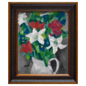 有百合花的静物画-皮革油画(含框)25.8×30.7×2.7cm，¥400