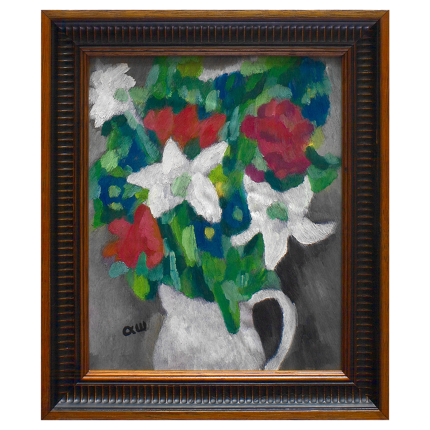 有百合花的静物画-皮革油画(含框)25.8×30.7×2.7cm，2025