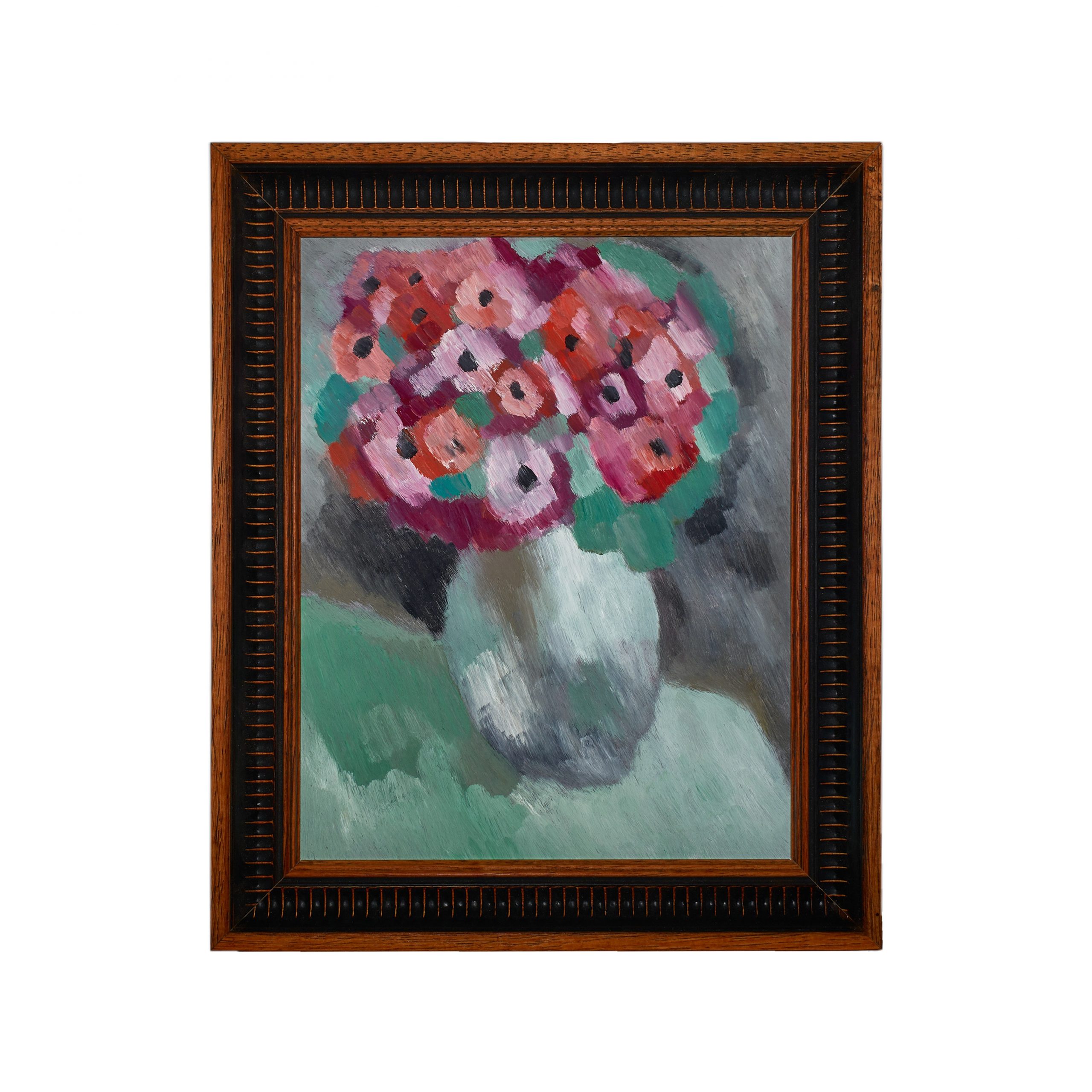 有紫色花朵的静物画-皮革油画(含框)25.8×30.7×2.7cm，¥240
