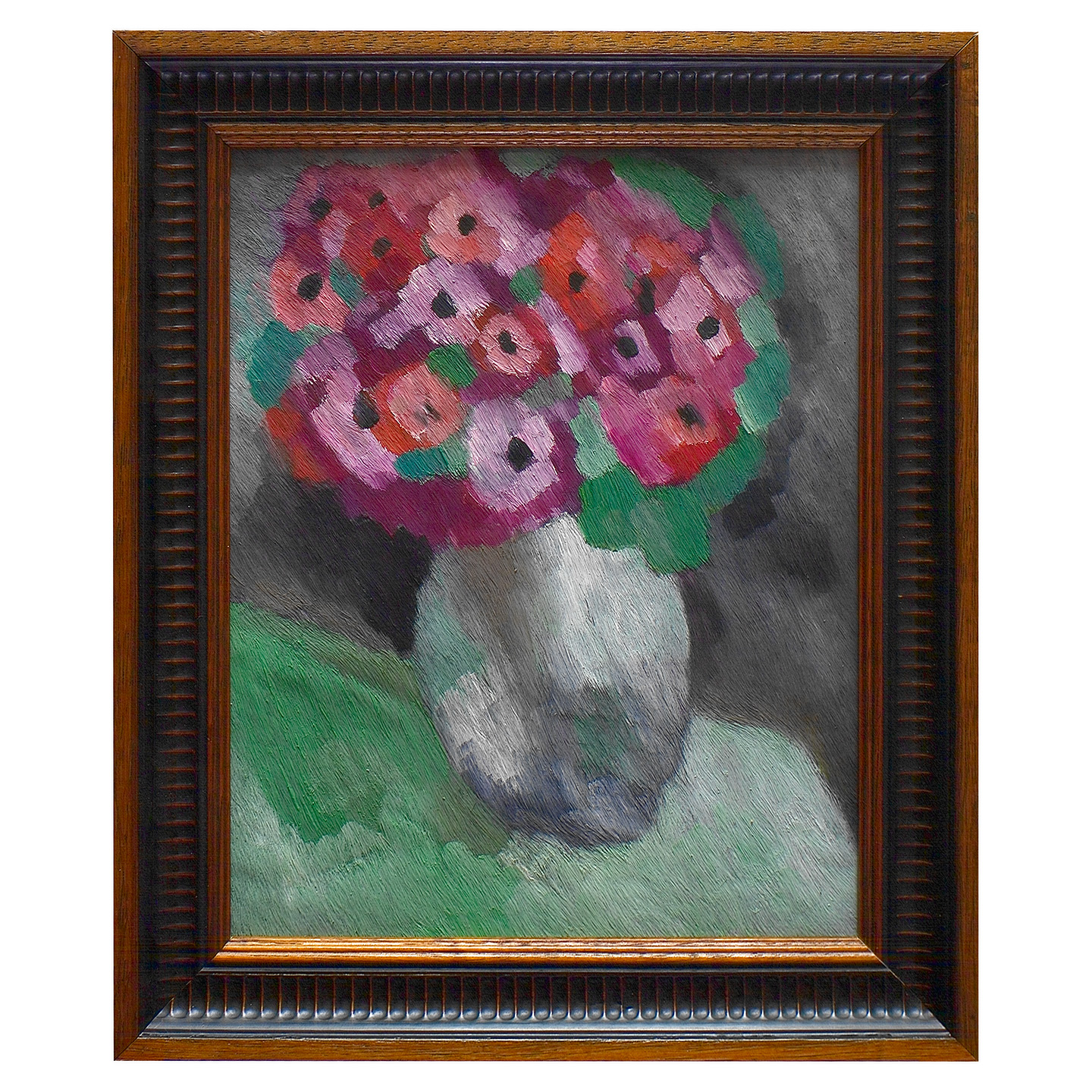 有紫色花朵的静物画-皮革油画(含框)25.8×30.7×2.7cm，2025