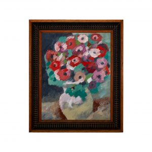 有红色和紫色花朵的静物画-皮革油画(含框)25.8×30.7×2.7cm，¥270