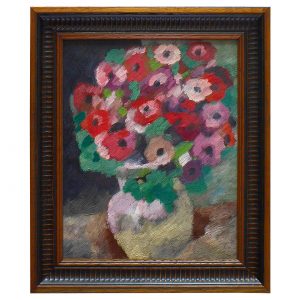 有红色和紫色花朵的静物画-皮革油画(含框)25.8×30.7×2.7cm，¥400