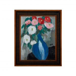 有蓝色瓷瓶的静物画-皮革油画(含框)25.8×30.7×2.7cm，¥220