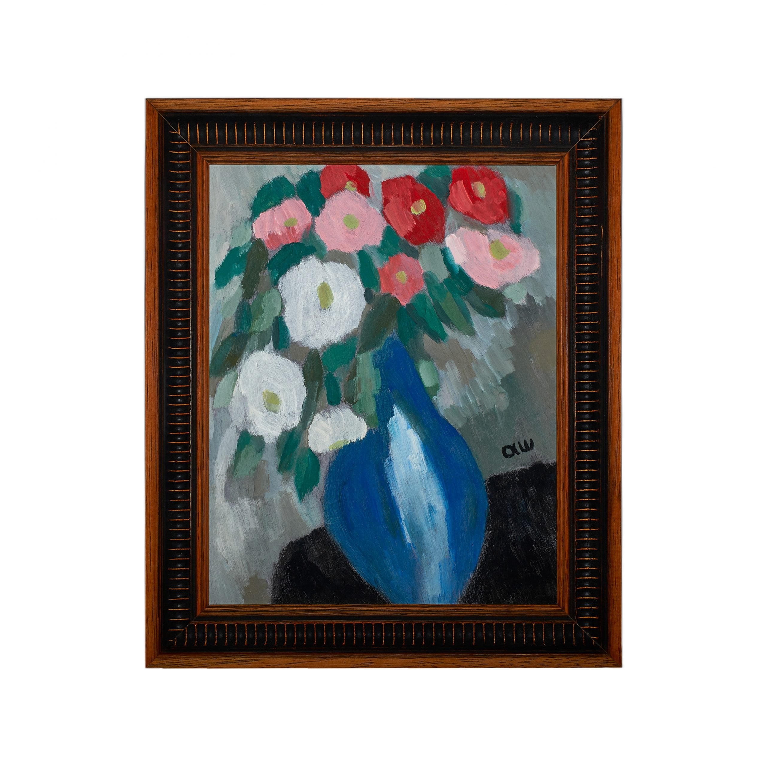 有蓝色瓷瓶的静物画-皮革油画(含框)25.8×30.7×2.7cm，¥220