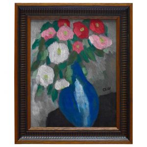 有蓝色瓷瓶的静物画-皮革油画(含框)25.8×30.7×2.7cm，¥400