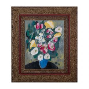 有蓝色花瓶的静物画-皮革油画(含框)31.5×36.5×3.2cm，¥320