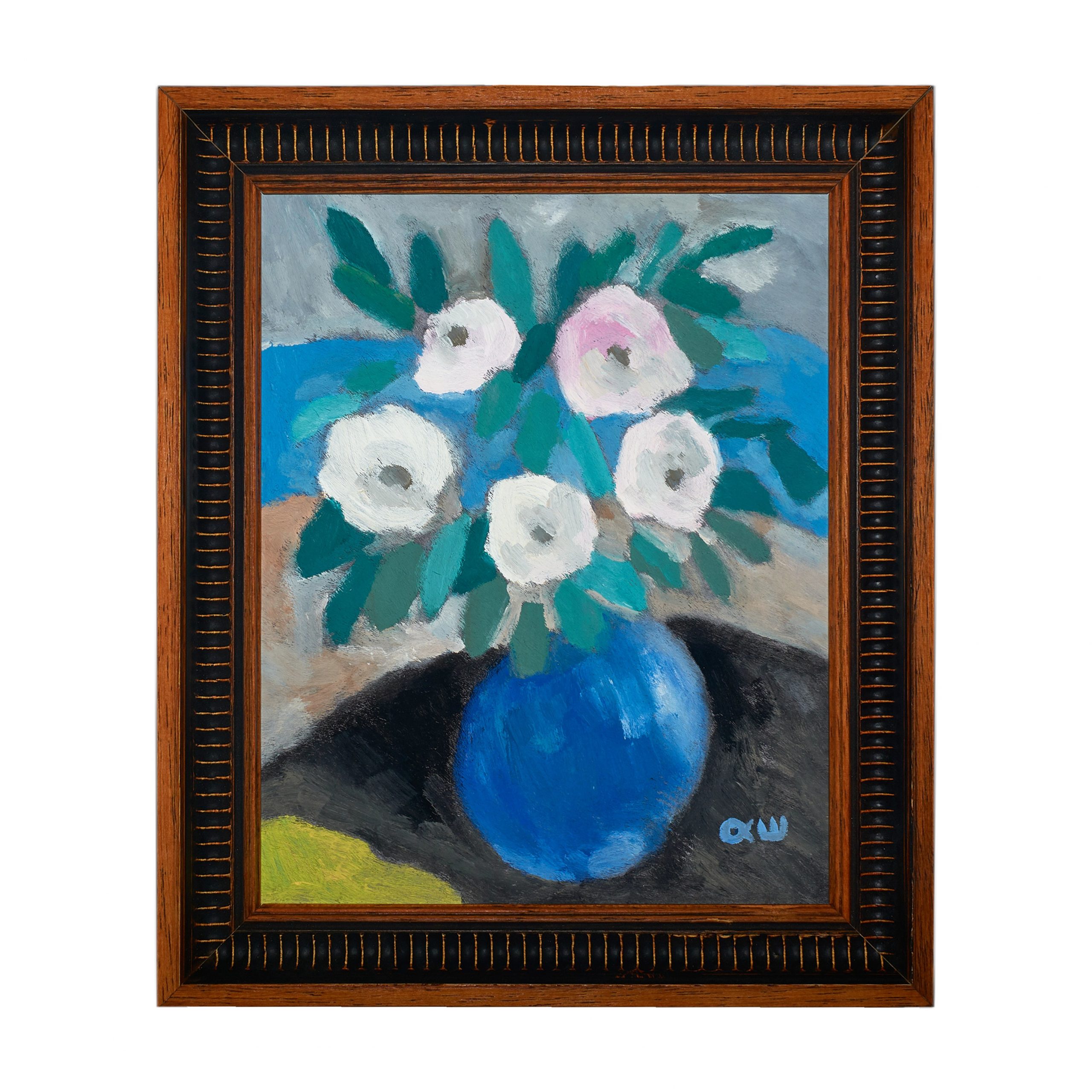 有鲜花束的静物画-皮革油画(含框)25.8×30.7×2.7cm，¥290