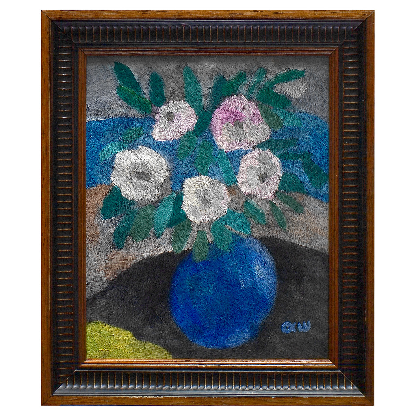 有鲜花束的静物画-皮革油画(含框)25.8×30.7×2.7cm，2025