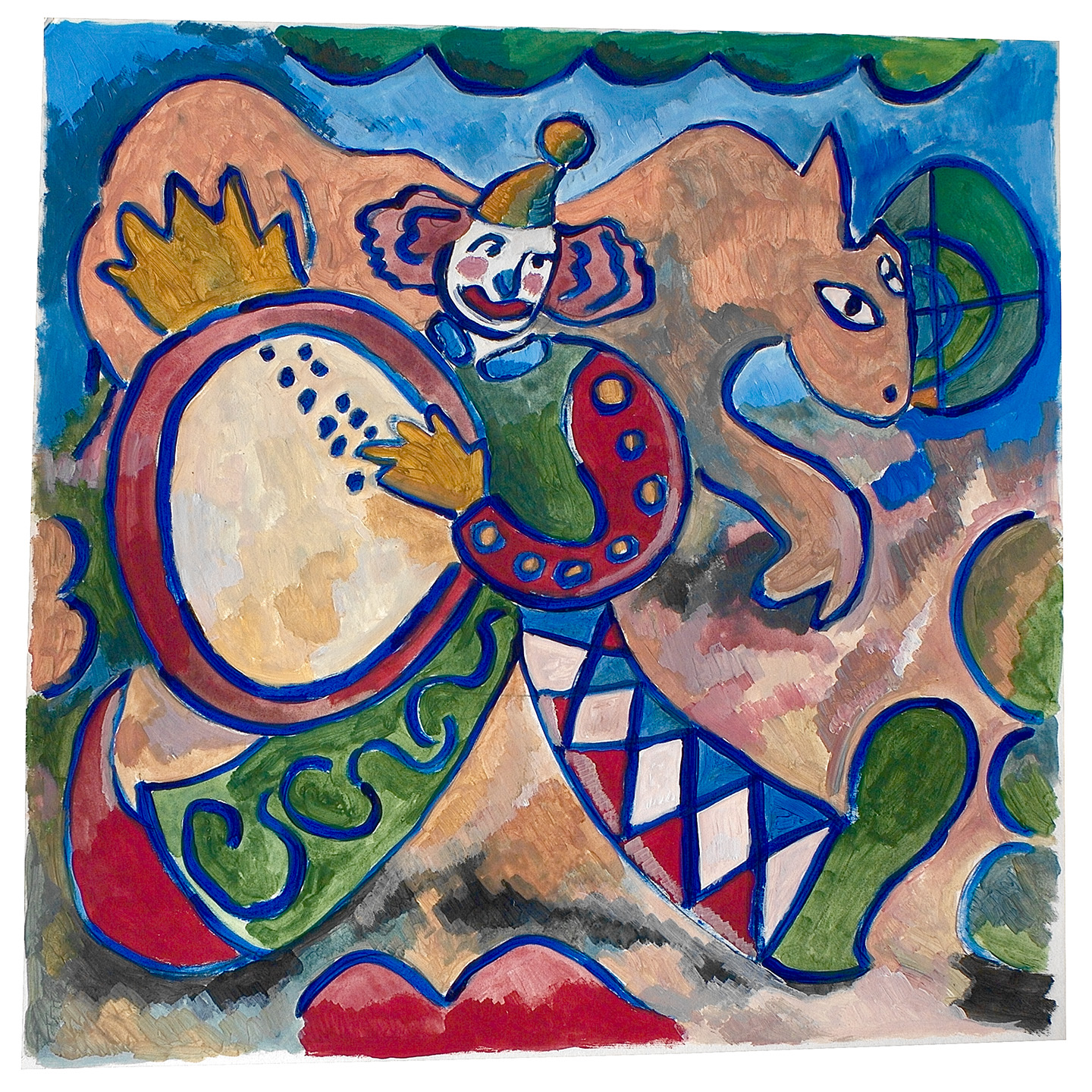 敲手鼓的小丑_纸上丙烯，约42.1x42.2cm，2023