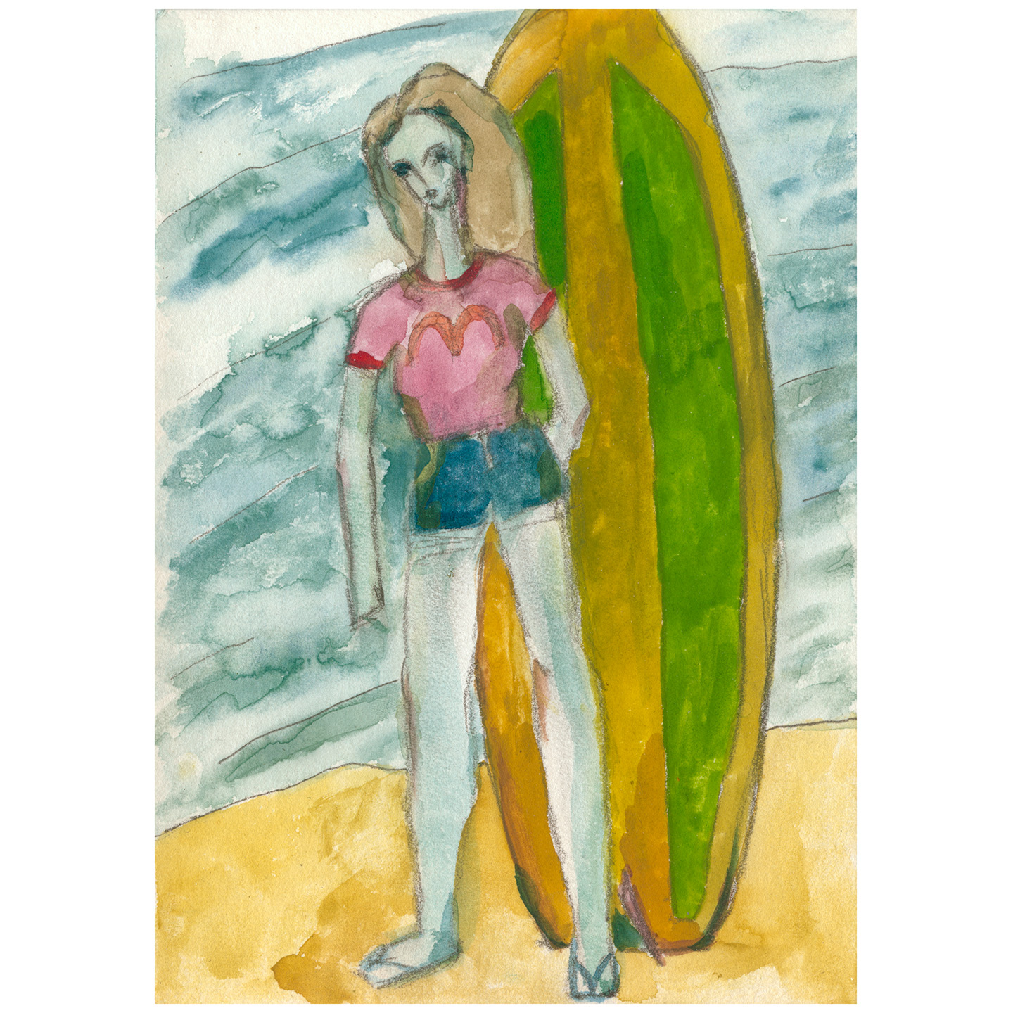 有冲浪板的女人_纸上水彩，14.8x20.9cm，2026