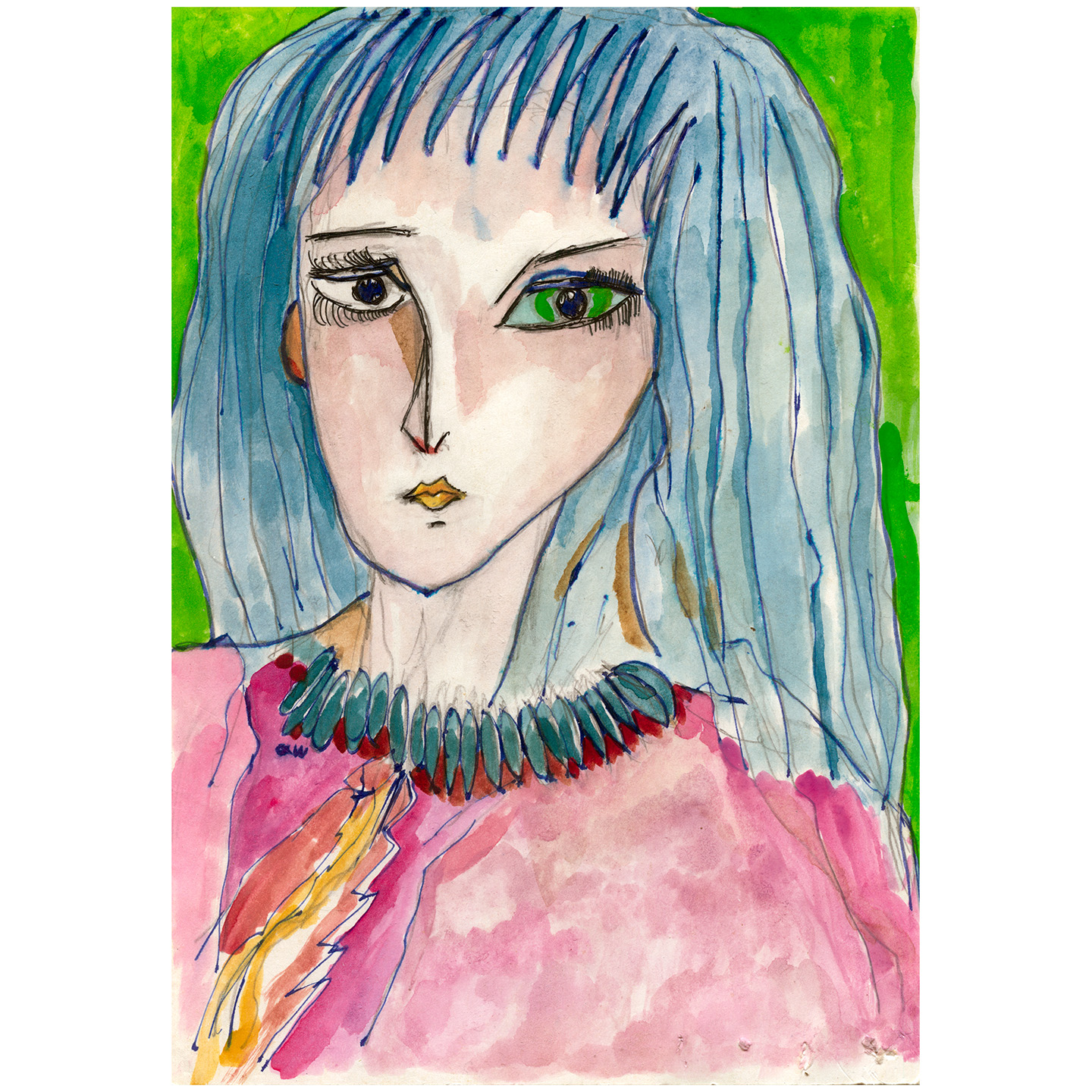 有蓝色头发的少女_纸上水彩，20.9x29.5cm，2026