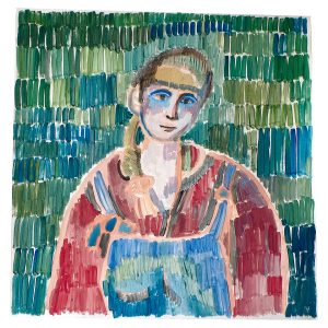 穿背带裤的女人_纸上丙烯，约42.1×42.2cm，2023