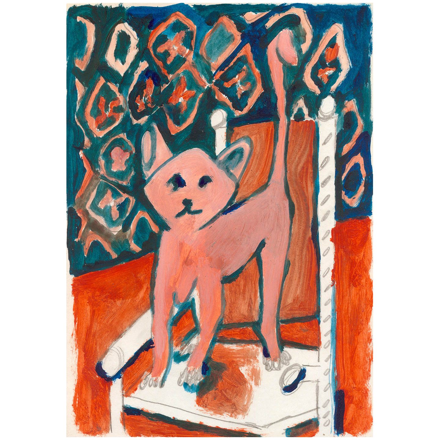 粉色的猫和椅子_纸上丙烯，20.9×29.5cm，2023