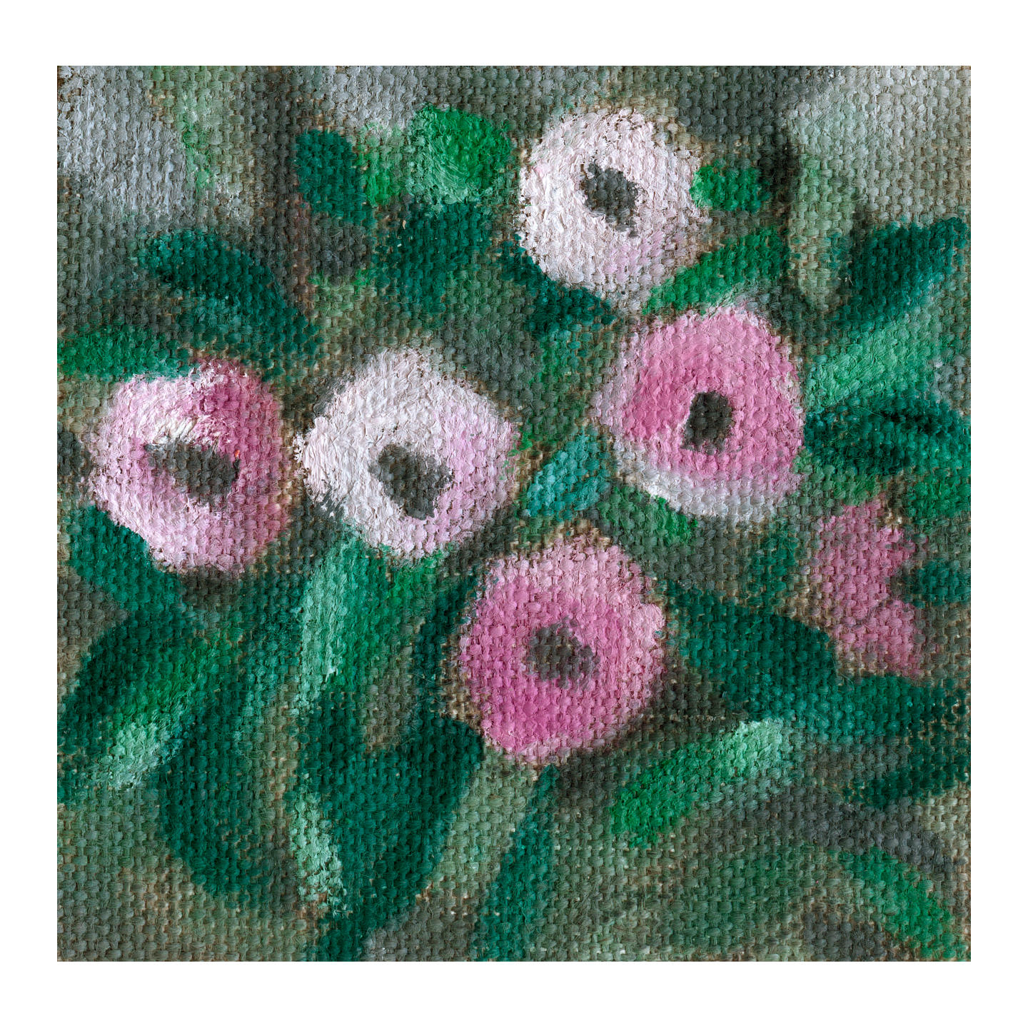 粉色花朵和叶片_布面油画，约8x8cm，2026